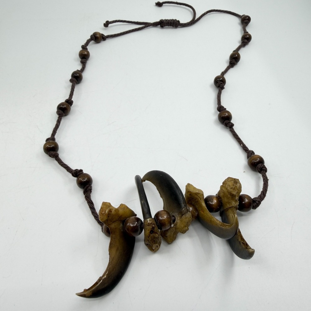 Animal Claw Look Bone Pendant Wood Bead Brown Cord Necklace Tribal Gothic Boho - Picture 10 of 12